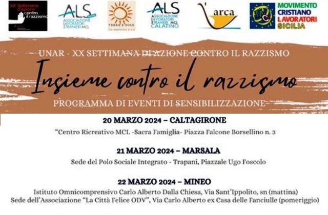 Progetto “Insieme contro il razzismo”: previsti eventi di sensibilizzazione a Caltagirone, Marsala e Mineo, per la Settimana di azione contro il razzismo
